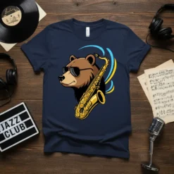 Bear Playing Saxophone bold graphic design printed on comfortable cotton t-shirt