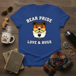 Bear Pride Love & Hugs t-shirt featuring a bear illustration with pride colors and text
