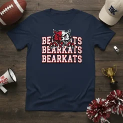 Navy t-shirt with "BEARCATS BEARCATS BEARCATS" text and a fierce mascot graphic, featuring red and white accents