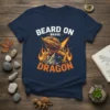 Beard On Brave Dragon text design with a bearded dragon illustration on a navy blue t-shirt, surrounded by flames and