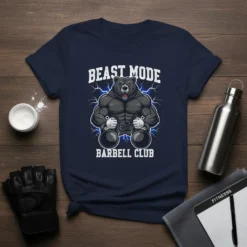 Beast Mode Barbell Club t-shirt featuring a muscular bear holding kettlebells and lightning graphics