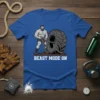Beast Mode On t-shirt design featuring a muscular man chaining a large tire, with bold white text