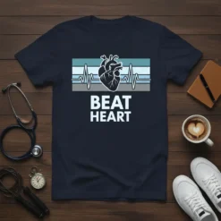 Beat Heart t-shirt design featuring a human heart graphic and EKG line, with bold white text