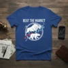 Beat the Market t-shirt design with bull and bear symbols, stock market chart arrows, and financial graph imagery