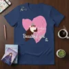 Navy blue t-shirt with a pink heart graphic and the text "Beautiful girl Beautiful girl a" in white and pink