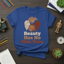 Beauty Has No Skin Tone t-shirt featuring diverse faces and empowering text, celebrating equality and unity