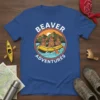 Beaver Adventures t-shirt design featuring beavers rafting in a circle with mountains and sun graphic