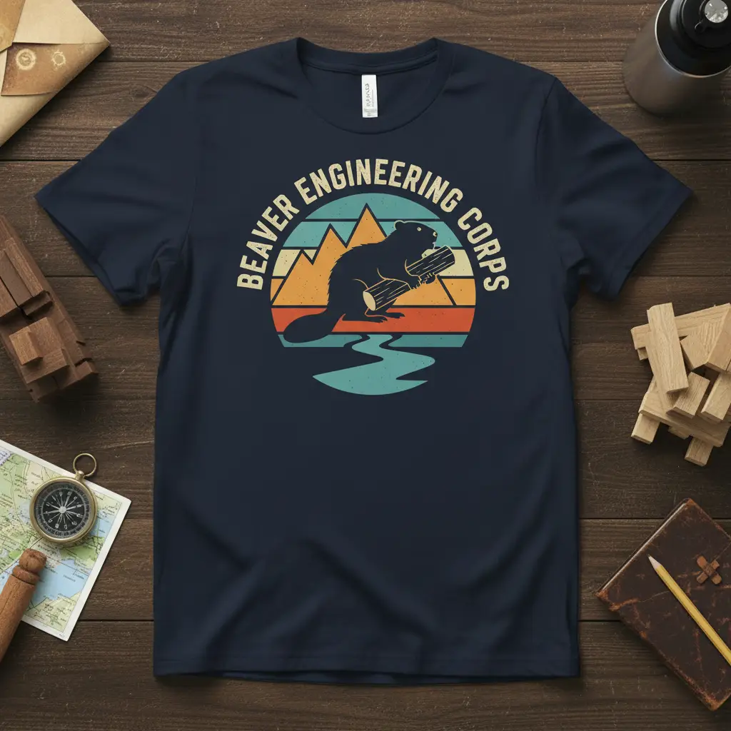 Beaver Engineering Corps text in a circular retro design with beaver graphic and sunset