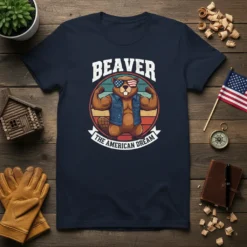 Beaver wearing sunglasses and vest flexing muscles with "Beaver The American Dream" text on a navy t-shirt
