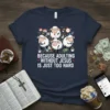 Christian t-shirt with text "Because Adulting Without Jesus Is Just Too Hard" and cartoon sheep characters juggling tasks