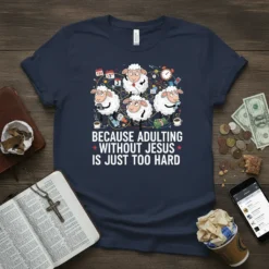 Christian t-shirt with text "Because Adulting Without Jesus Is Just Too Hard" and cartoon sheep characters juggling tasks