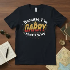 Because I'm Garry That's Why text design with a crown graphic on a navy t-shirt