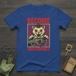 Become Ungovernable cat design with a crowned cat breaking chains on a blue t-shirt