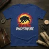 Black panther roaring within a fiery circle with text "BECOME UNGOVERNABLE" on a royal blue t-shirt