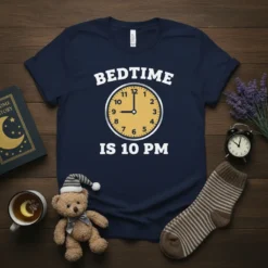 Navy blue t-shirt with white text "BEDTIME IS 10 PM" and a clock graphic showing 10 PM