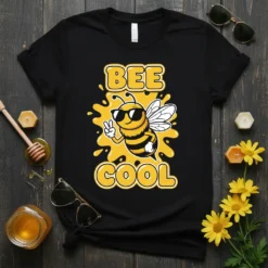 Bee Cool T-Shirt with a cartoon bee wearing sunglasses giving a peace sign, set against a yellow splatter background