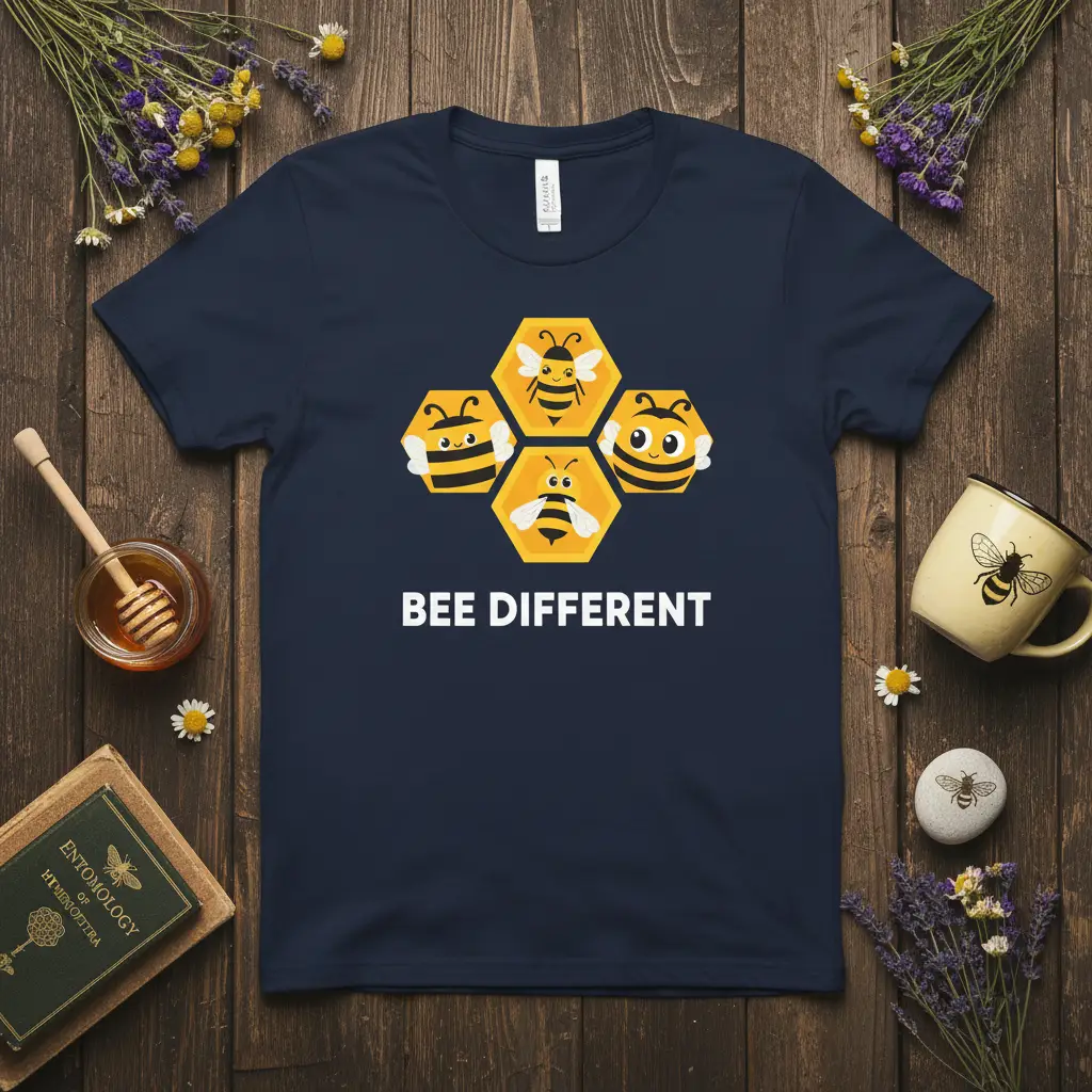 BEE DIFFERENT text with cute cartoon bees in honeycomb graphic on a t-shirt