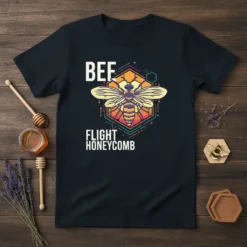 Bee Flight Honeycomb text with a stylized bee illustration on a dark t-shirt