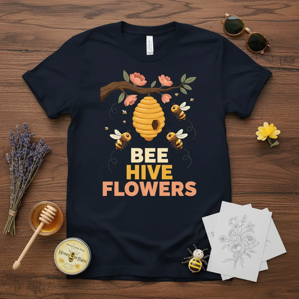 BEE HIVE FLOWERS text and illustration featuring bees, hive, and flowers on a t-shirt