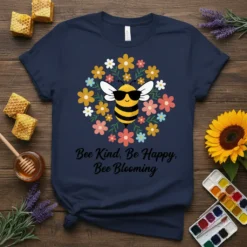 Bee Kind, Be Happy, Bee Blooming quote with a cute bee and flowers graphic on a navy t-shirt