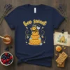 Bee sweet t-shirt design with a cute bee character sitting on a three-tiered honeycomb cake, surrounded by smaller bees and