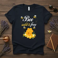 Bee Wild & Free quote t-shirt with a cute bee and honeycomb graphic, white and yellow text on dark fabric