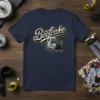 Navy t-shirt with the word "Beefcake" in stylized font above a flexing muscular arm graphic, gym apparel