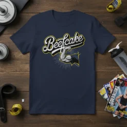 Navy t-shirt with the word "Beefcake" in stylized font above a flexing muscular arm graphic, gym apparel