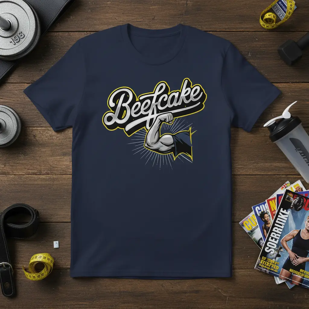 Beefcake text above a flexing muscular arm graphic, representing gym motivation and fitness apparel