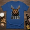 Beer Bear Antlers graphic t-shirt with the word BEER in bold font. Features a brown bear head with large deer