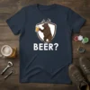 BEER? T-Shirt design with a bear holding a beer mug and antlers, white shield graphic, and bold text