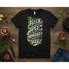 Beer Makes Me Pee But Whiskey Makes Me Wee quote on a black t-shirt with Irish flag colors and shamrock