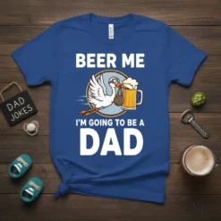 Beer Me I'm Going To Be A Dad T-Shirt featuring a stork carrying a beer and a baby bundle. White