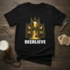 Black t-shirt with "BEERLIEVE" text and a graphic of a church with beer mugs, featuring a praying figure