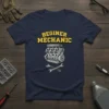 Beginner Mechanic T-Shirt with a detailed engine graphic and crossed wrenches, navy blue color