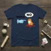 T-shirt with "behave NO" text and illustration of a grumpy cat wearing a crown, with a finger pointing at it