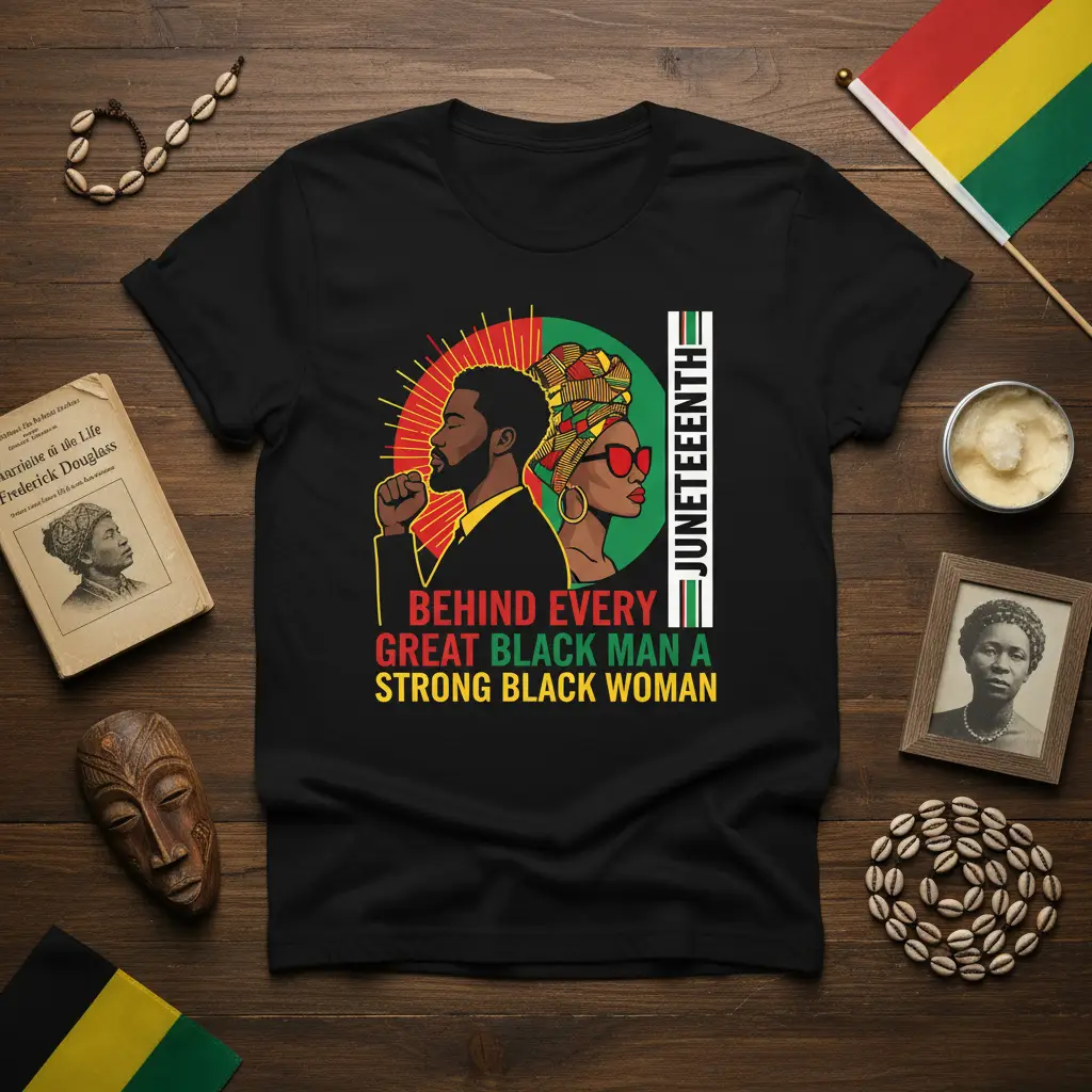 Behind Every Great Black Man A Strong Black Woman Juneteenth quote t-shirt with Black couple profiles and Pan-African flag colors