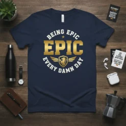 Being Epic Epic Every Damn Day quote on a navy t-shirt with gold text and a lion crest graphic