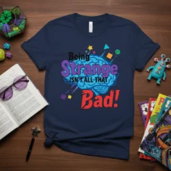 Being Strange ISN'T ALL THAT Bad! quote t-shirt with a colorful brain graphic and retro geometric shapes