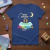 Being Together Is Magical text with two figures holding hands on clouds, moon, and stars graphic on a navy t-shirt