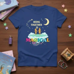 Being Together Is Magical text with two figures holding hands on clouds, moon, and stars graphic on a navy t-shirt