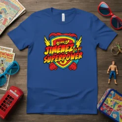 Bold superhero shield design with text "BEING A JIMENEZ IS MY SUPERPOWER" in vibrant colors on a blue t-shirt