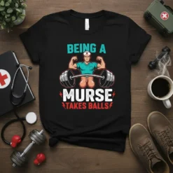 Being a Murse Takes Balls funny t-shirt design featuring a muscular male nurse lifting weights