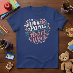 Being a Para is Heart Work quote t-shirt design with decorative heart and floral elements, navy blue tee