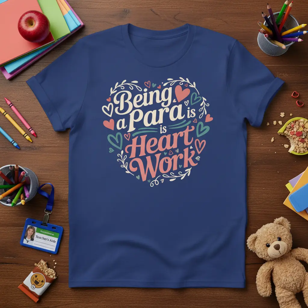 Being a Para is Heart Work quote t-shirt in a heart shape, celebrating para educators and their dedication