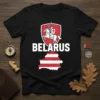 Black t-shirt featuring a white knight on horseback within a red shield above the word BELARUS and a distressed map