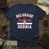 Navy blue t-shirt with "BELGRADE SERBIA" text and Serbian flag graphic, representing travel to Europe
