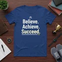 Believe Achieve Succeed motivational quote t-shirt in white and yellow text on a blue shirt