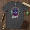 Believe Alien Cat T-Shirt with mystical space feline graphic and glowing eyes