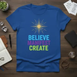 Believe Manifest Create motivational t-shirt with a sunburst graphic and colorful text